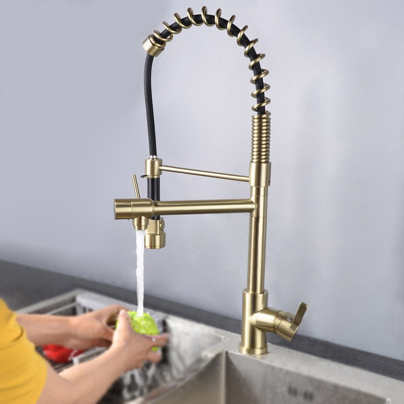 HMR - Pull Out Double Spout Kitchen Faucet with Double Function in Brushed Gold