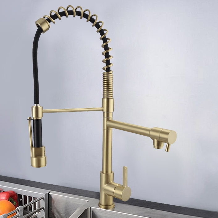 HMR - Pull Out Double Spout Kitchen Faucet with Double Function in Brushed Gold
