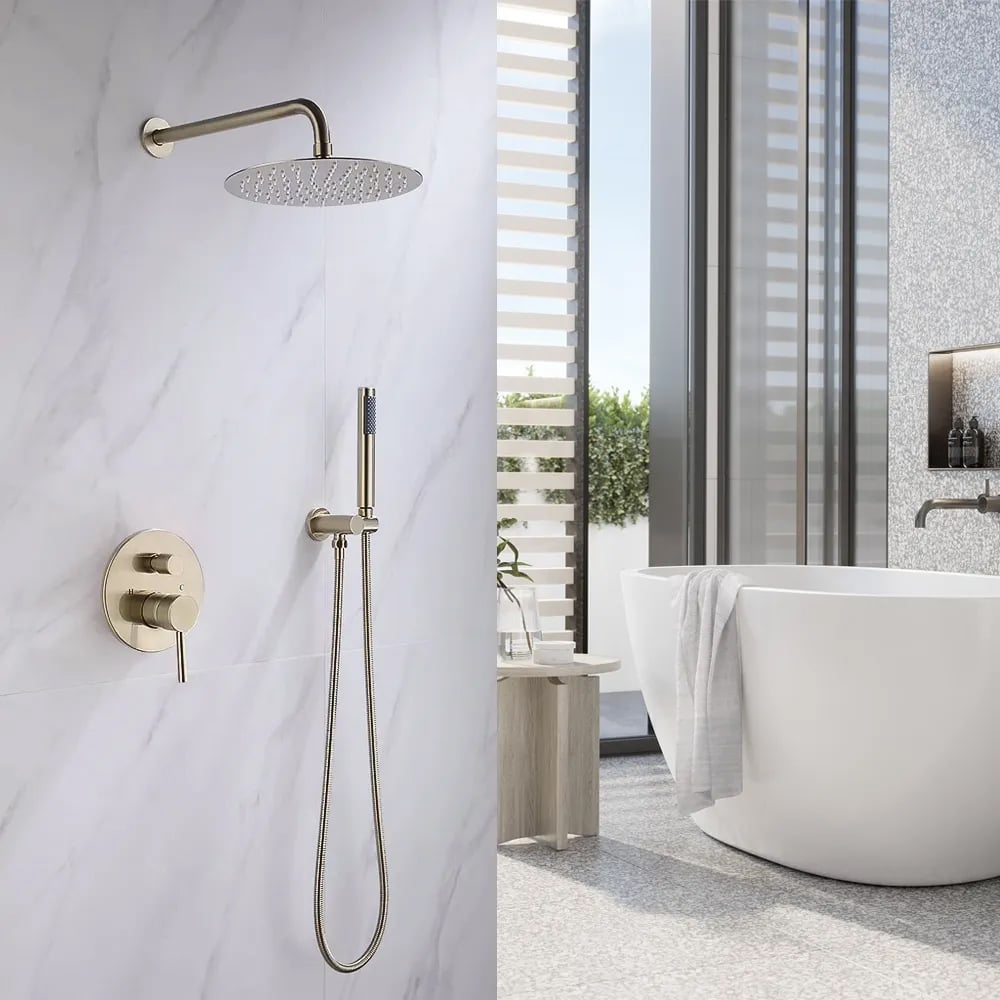 HMR - 10" Wall Mounted Rain Shower System with Handheld Shower Solid Brass in Brushed Gold
