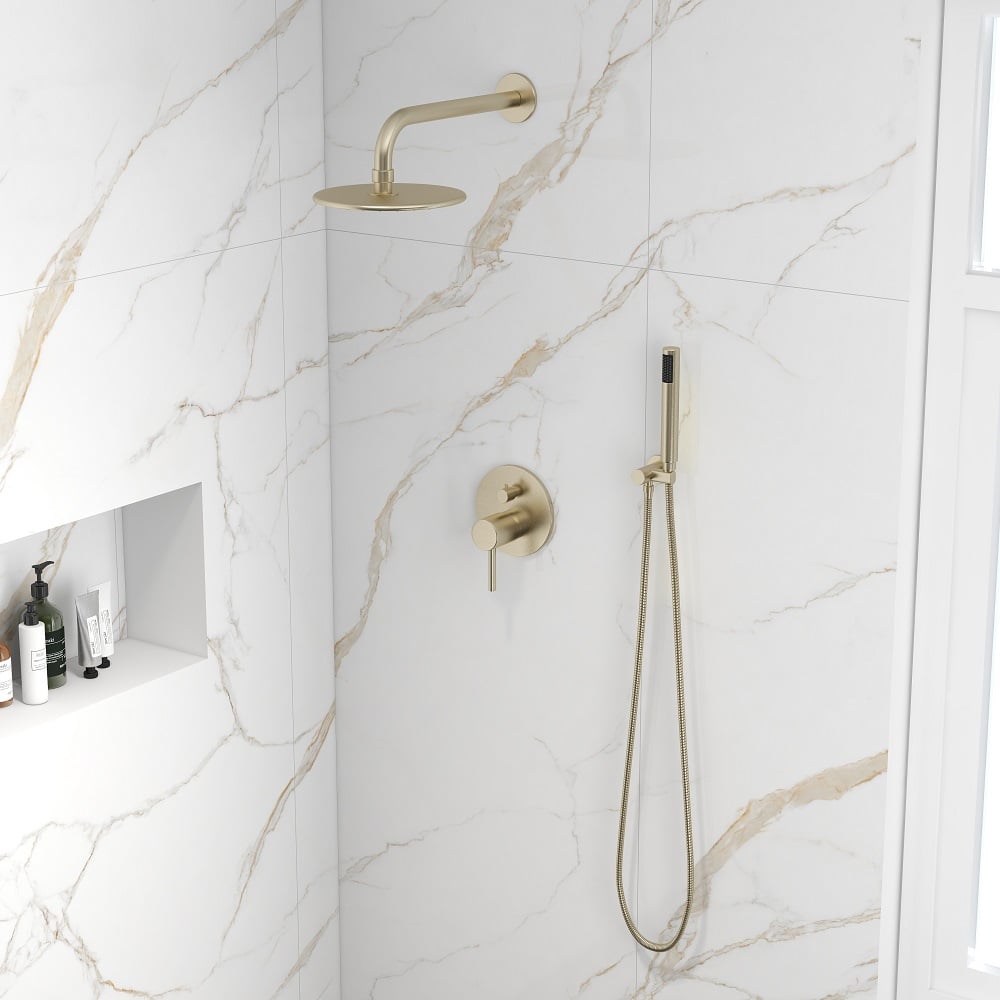 HMR - 10" Wall Mounted Rain Shower System with Handheld Shower Solid Brass in Brushed Gold