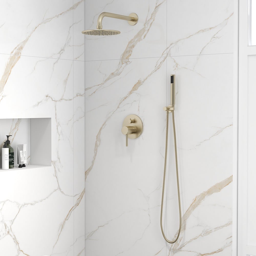 HMR - 10" Wall Mounted Rain Shower System with Handheld Shower Solid Brass in Brushed Gold