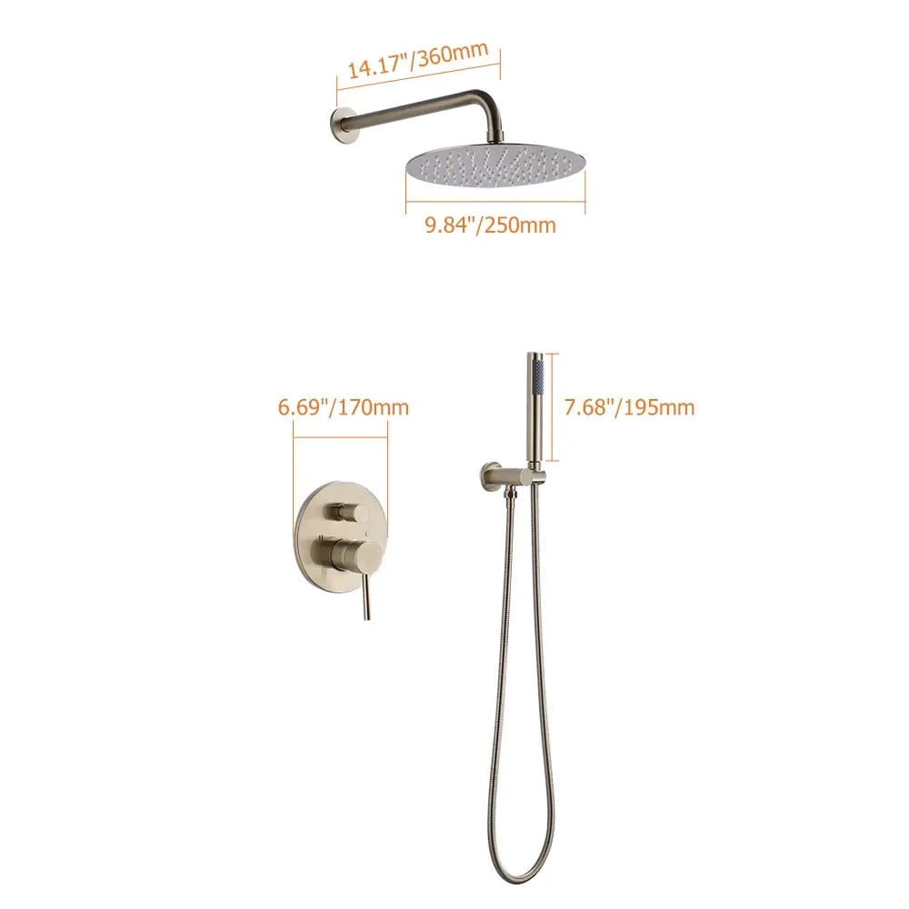 HMR - 10" Wall Mounted Rain Shower System with Handheld Shower Solid Brass in Brushed Gold