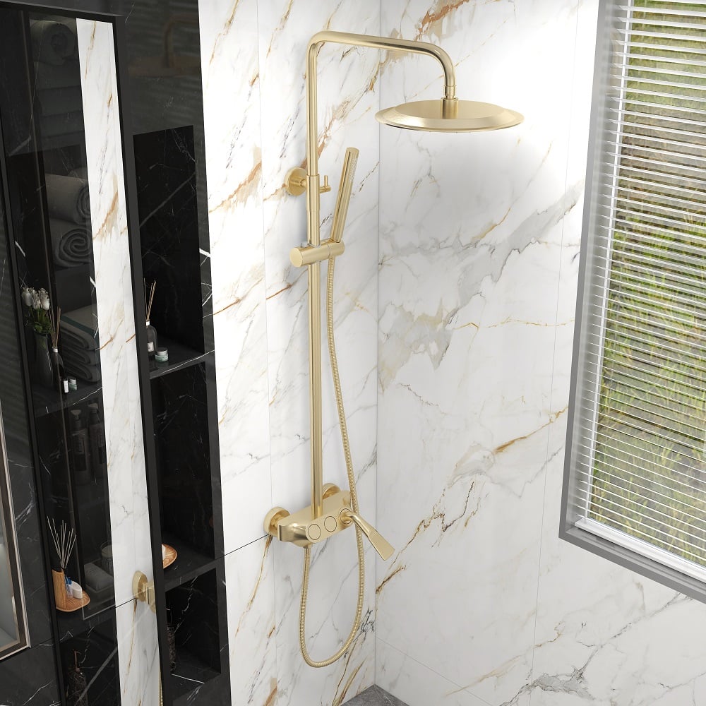 HMR - Exposed Rainfall Shower Fixture with Handshower and Tub Filler in Brushed Gold