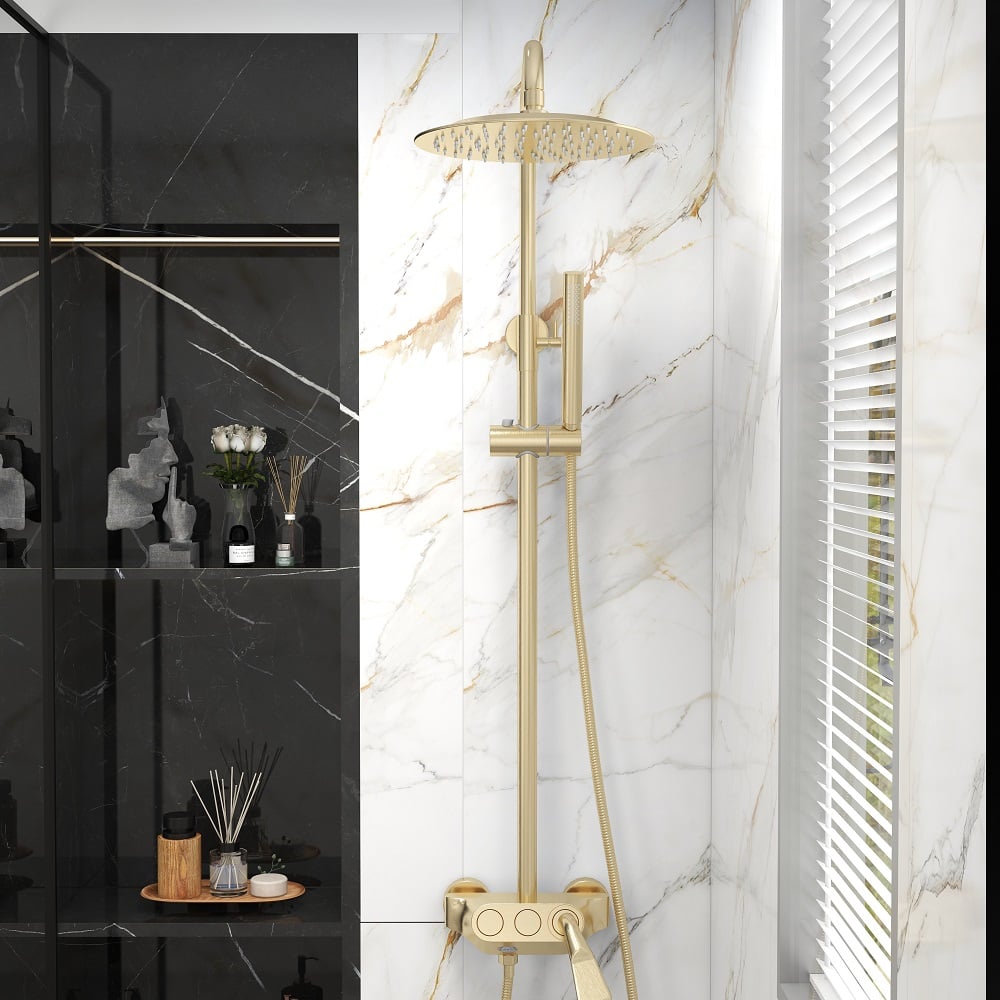 HMR - Exposed Rainfall Shower Fixture with Handshower and Tub Filler in Brushed Gold