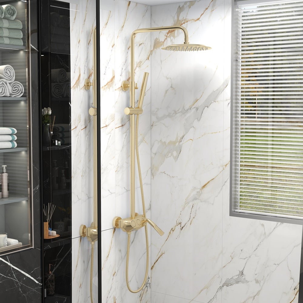 HMR - Exposed Rainfall Shower Fixture with Handshower and Tub Filler in Brushed Gold
