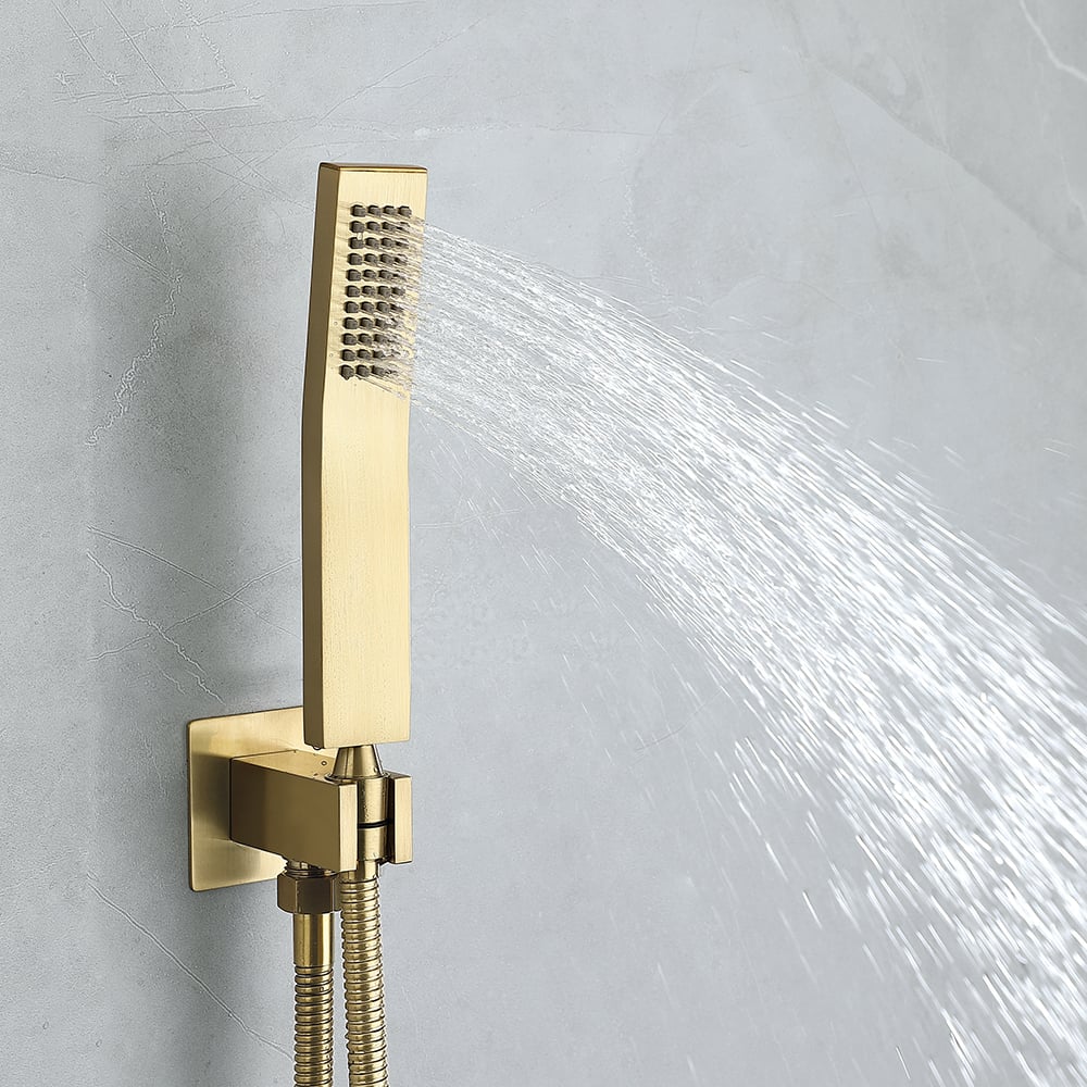 HMR - Waterfall Tub Spout Shower Faucet Set with Rain Shower Head Wall Mounted in Brushed Gold