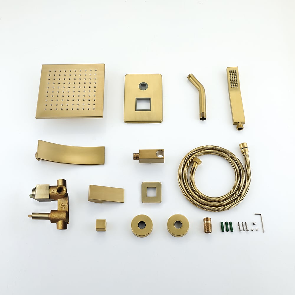 HMR - Waterfall Tub Spout Shower Faucet Set with Rain Shower Head Wall Mounted in Brushed Gold