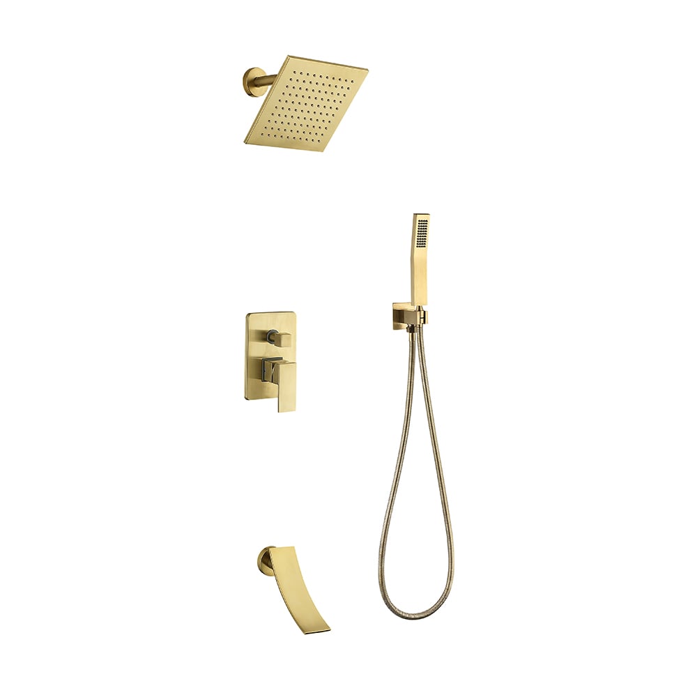 HMR - Waterfall Tub Spout Shower Faucet Set with Rain Shower Head Wall Mounted in Brushed Gold