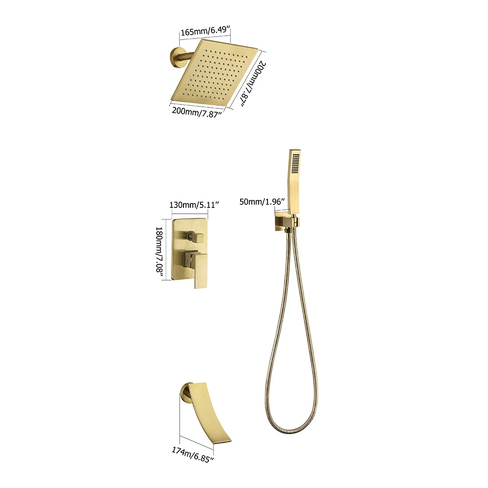 HMR - Waterfall Tub Spout Shower Faucet Set with Rain Shower Head Wall Mounted in Brushed Gold