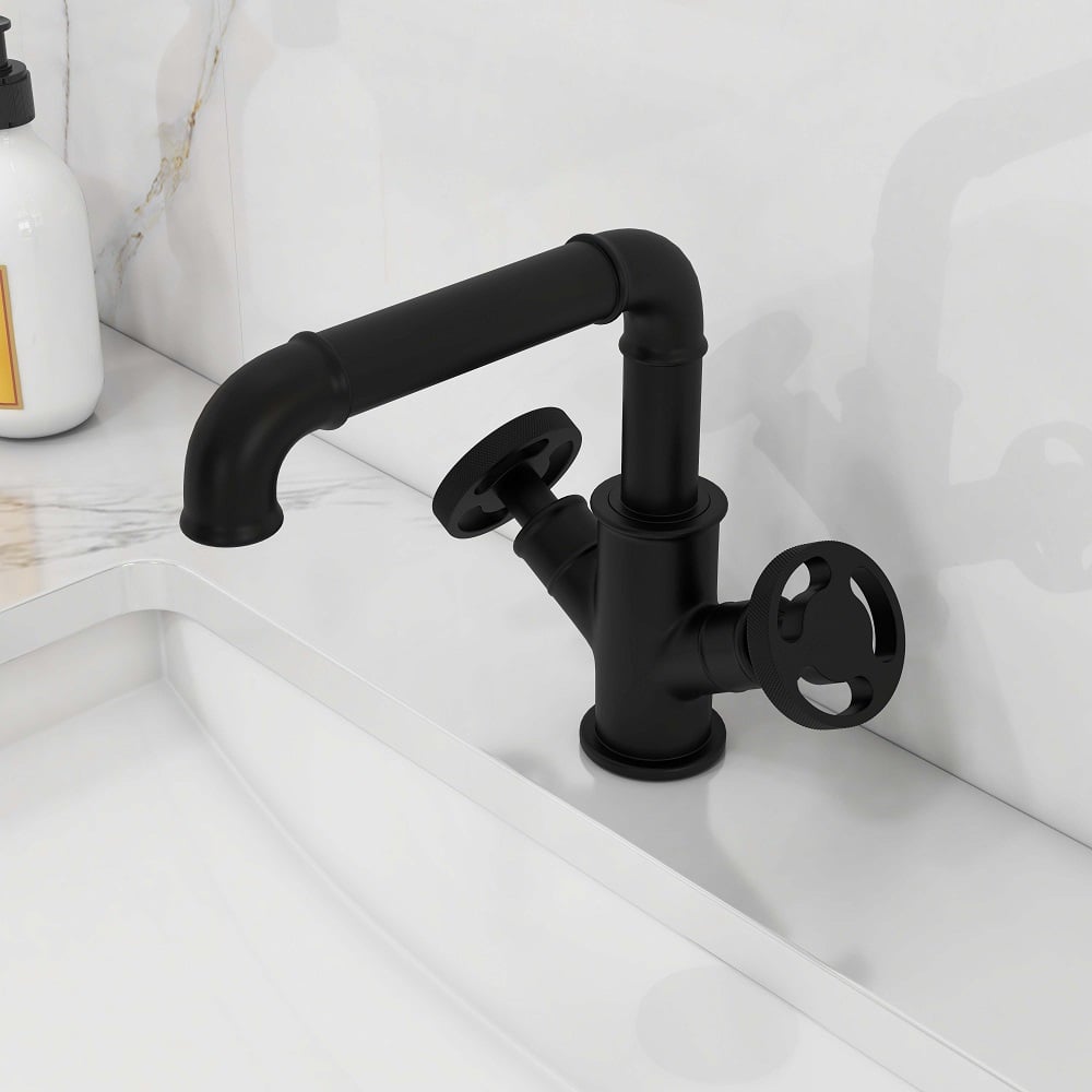 HMR - Ruth Pipe 1-Hole Sink Faucet Double Handles in Matte Black, Brass