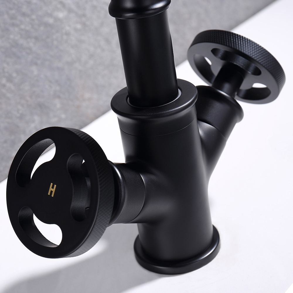 HMR - Ruth Pipe 1-Hole Sink Faucet Double Handles in Matte Black, Brass