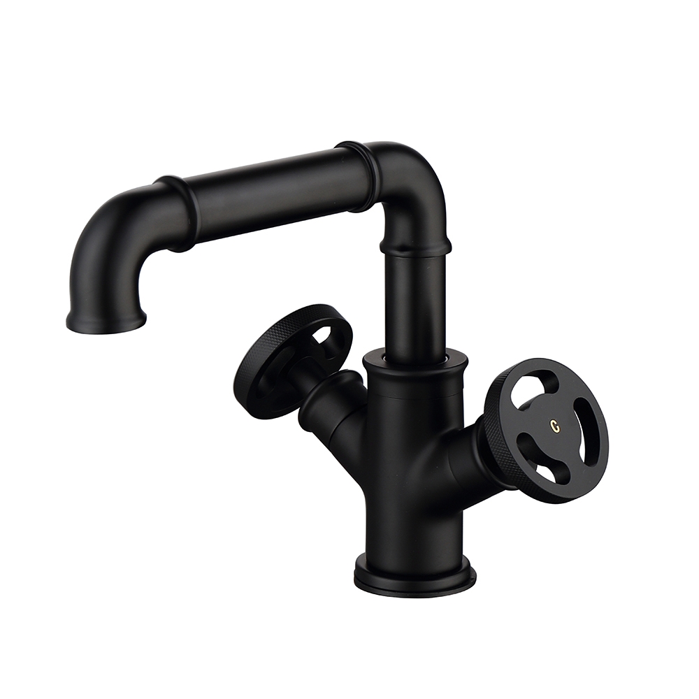 HMR - Ruth Pipe 1-Hole Sink Faucet Double Handles in Matte Black, Brass