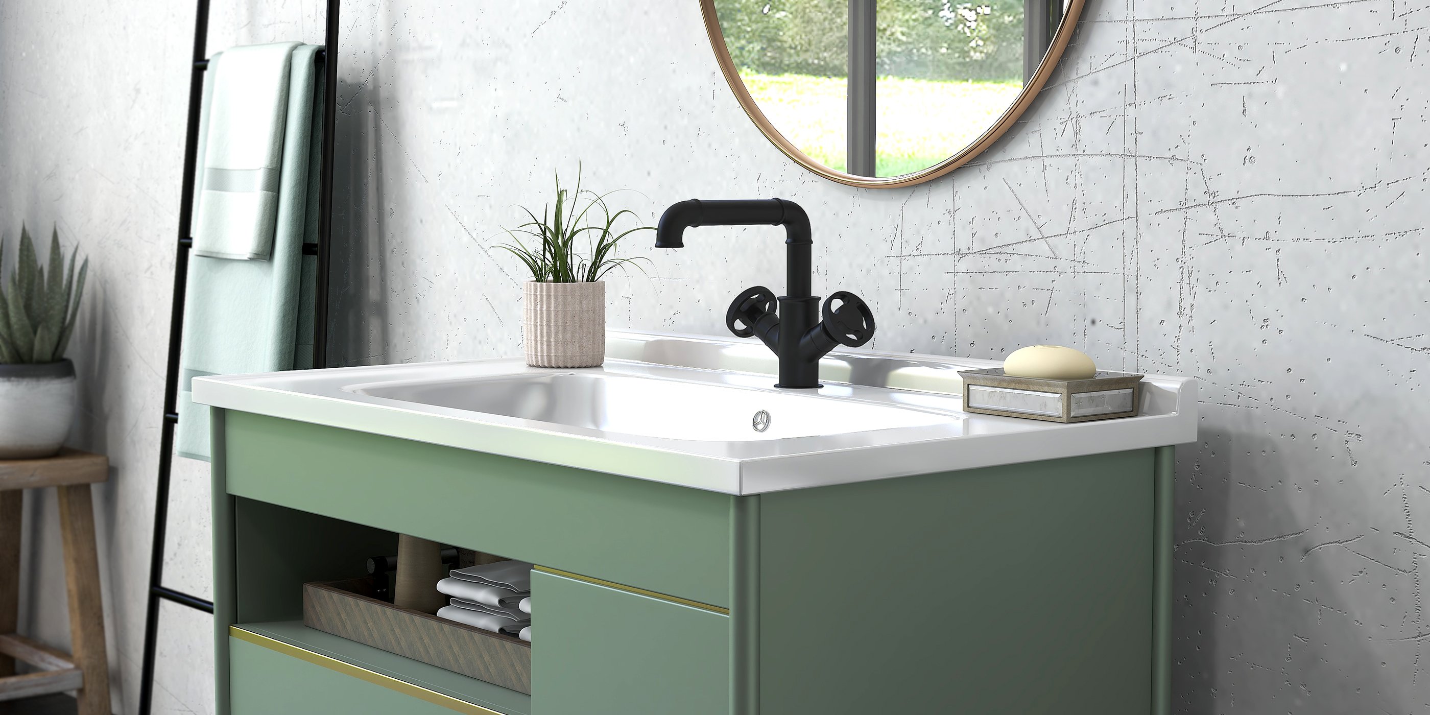 HMR - Ruth Pipe 1-Hole Sink Faucet Double Handles in Matte Black, Brass