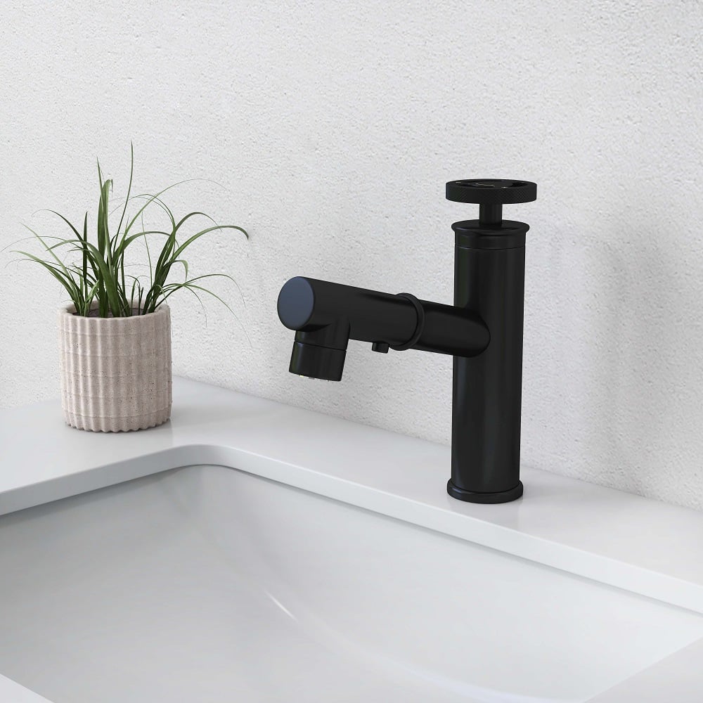 HMR - Ruth Industrial 1-Hole Brass Pull Out Bathroom Sink Faucet in Matte Black