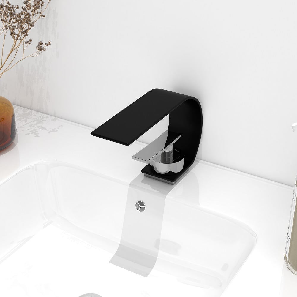 HMR Single Handle Waterfall Arc Bathroom Sink Faucet - Black/Chrome