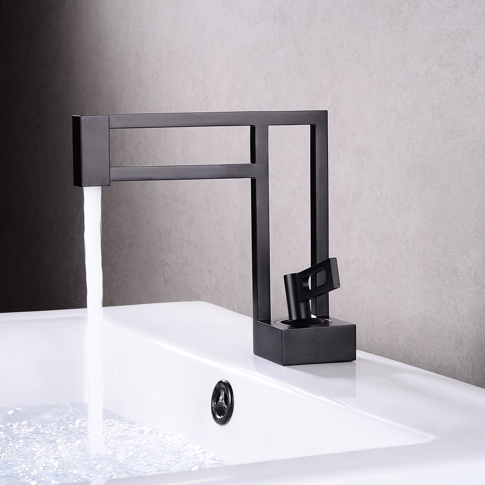 HMR - Geometric Bathroom Sink Faucet Solid Brass Architectural Design in Black