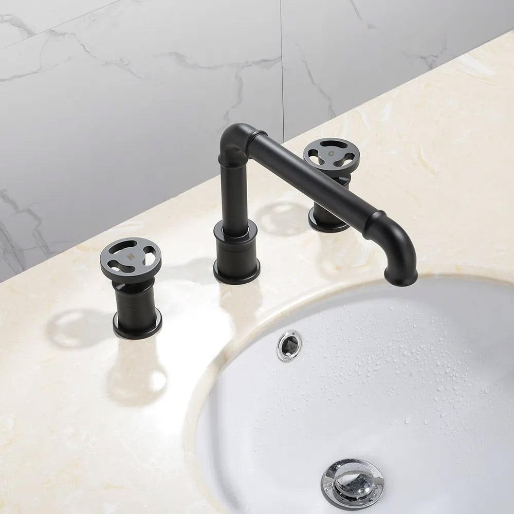 HMR - Double Handle Ruth Industrial Pipe Bathroom Sink Faucet in Matte Black