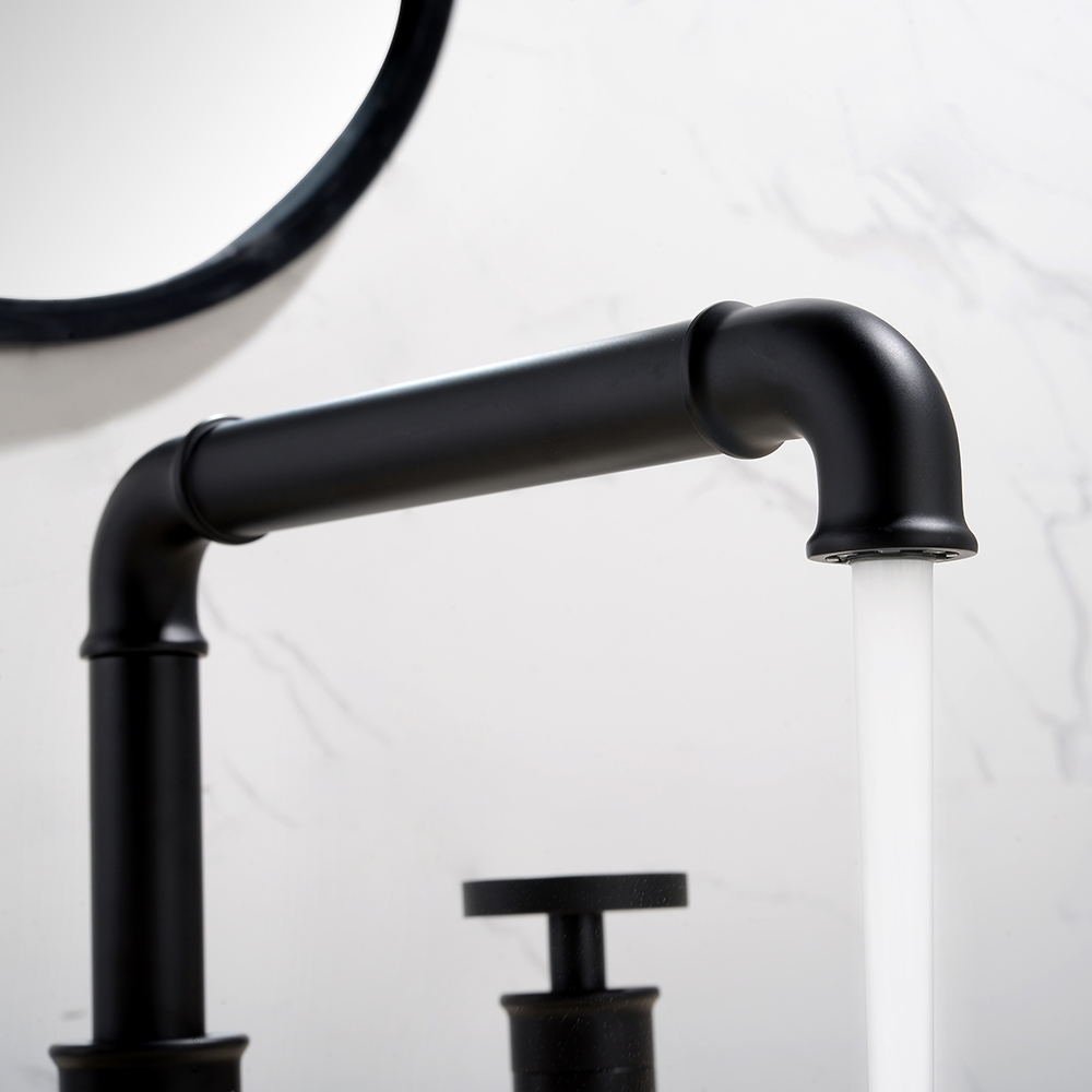 HMR - Double Handle Ruth Industrial Pipe Bathroom Sink Faucet in Matte Black