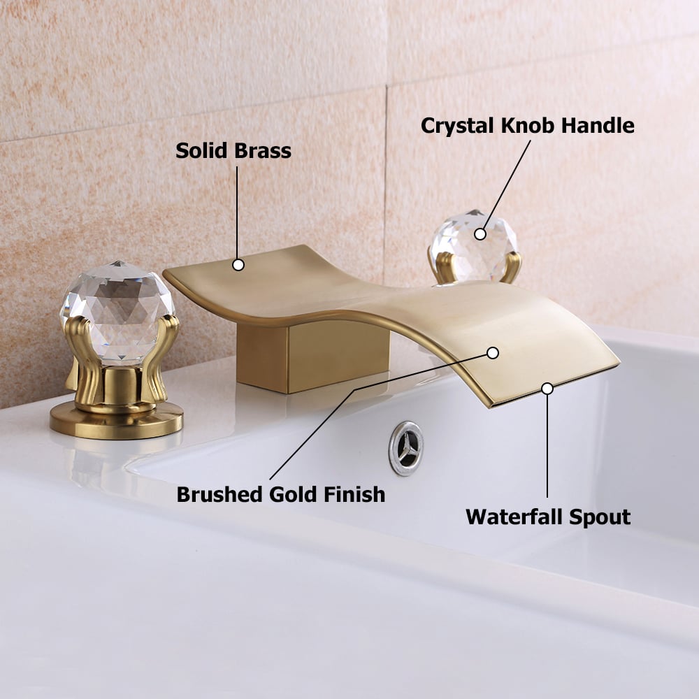 HMR Deck Mount Widespread Waterfall 2 Crystal Handle Bathroom Sink Faucet - Brushed Gold