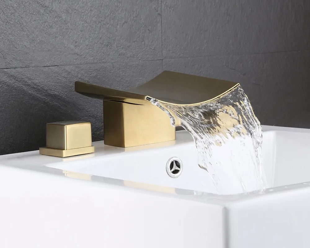 HMR Grop Series Waterfall Widespread Bathroom Sink Faucet Double Handle - Brushed Gold