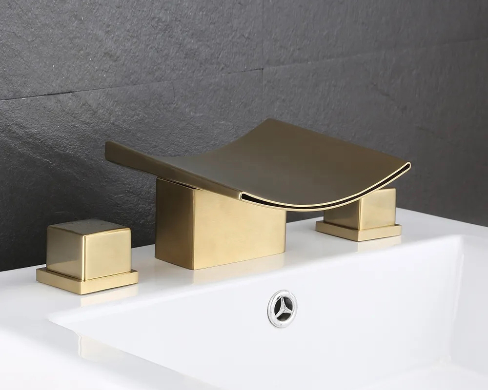 HMR Grop Series Waterfall Widespread Bathroom Sink Faucet Double Handle - Brushed Gold
