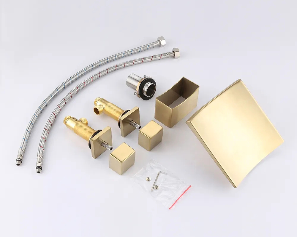 HMR Grop Series Waterfall Widespread Bathroom Sink Faucet Double Handle - Brushed Gold