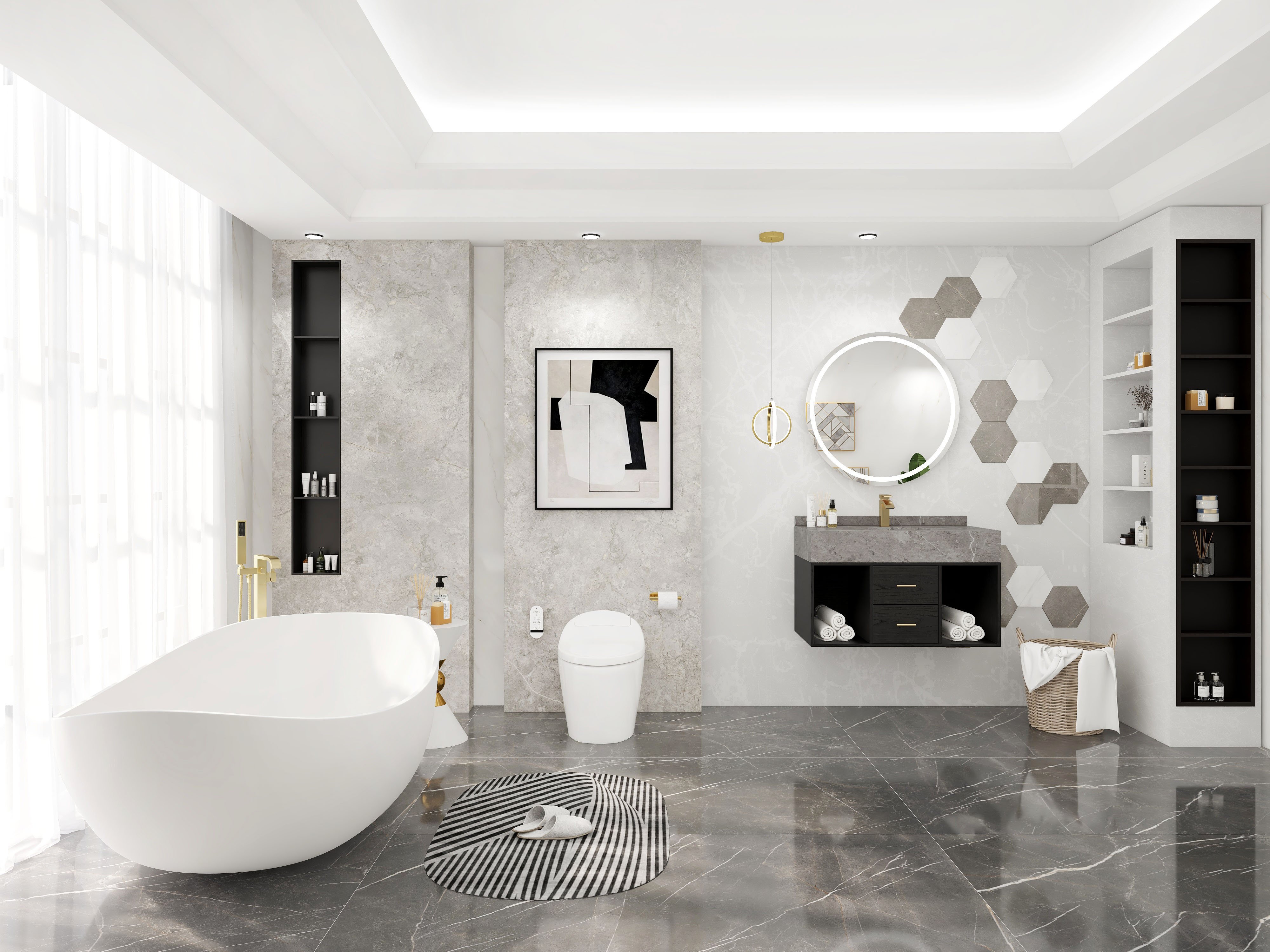HMR - Modern Smart One-Piece Toilet and Bidet Foot Induction and Automatic Flushing in White