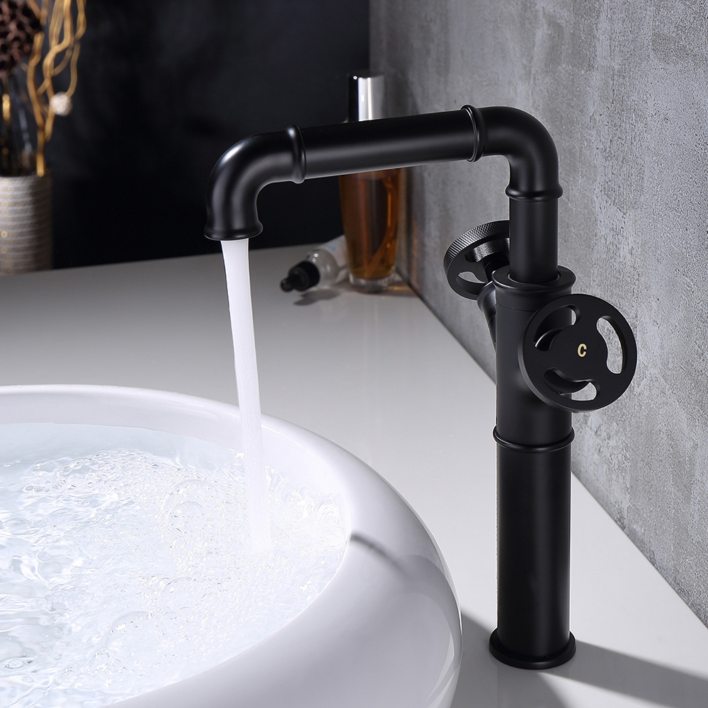 HMR - Industrial Style Bathroom Vessel Sink Faucet with 2-Handle Solid Brass in Matte Black