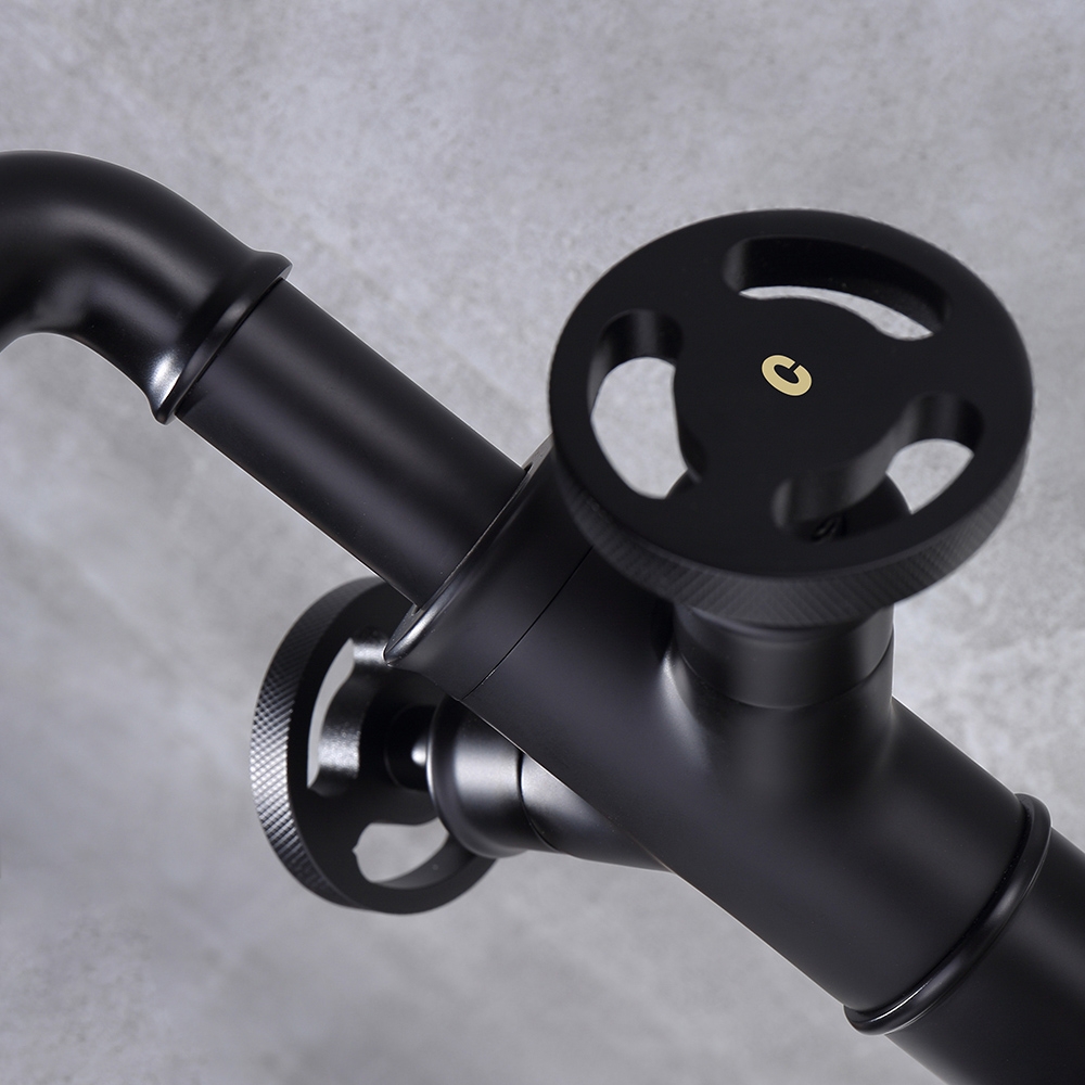 HMR - Industrial Style Bathroom Vessel Sink Faucet with 2-Handle Solid Brass in Matte Black