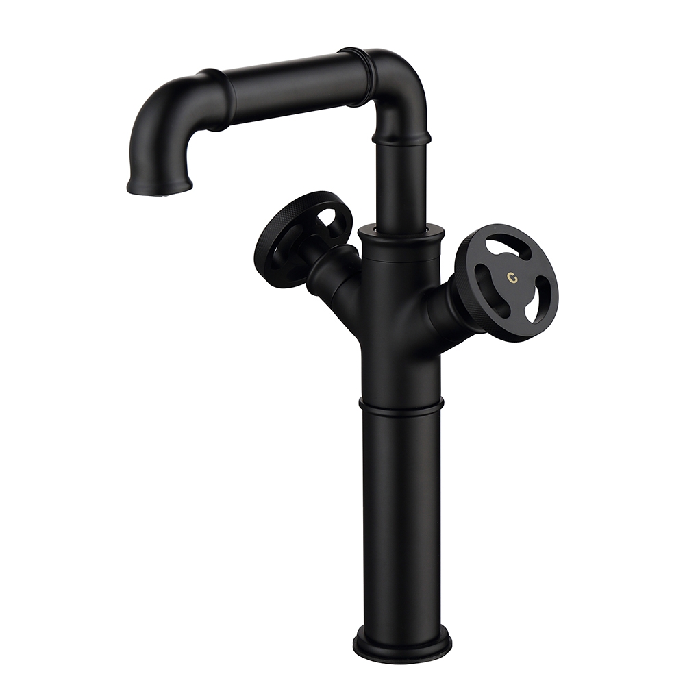 HMR - Industrial Style Bathroom Vessel Sink Faucet with 2-Handle Solid Brass in Matte Black
