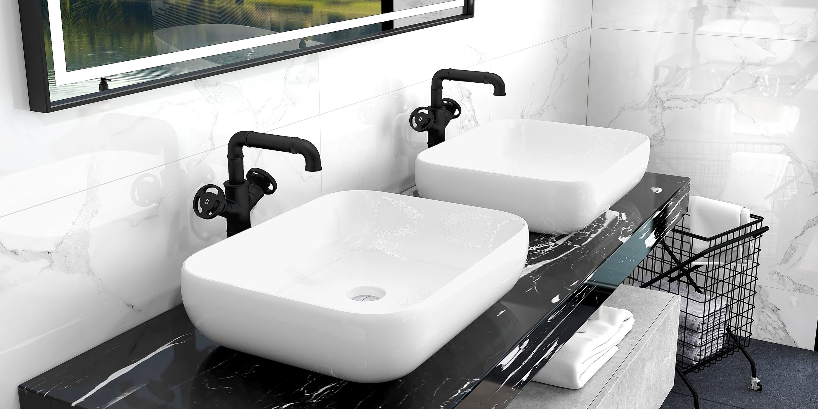 HMR - Industrial Style Bathroom Vessel Sink Faucet with 2-Handle Solid Brass in Matte Black