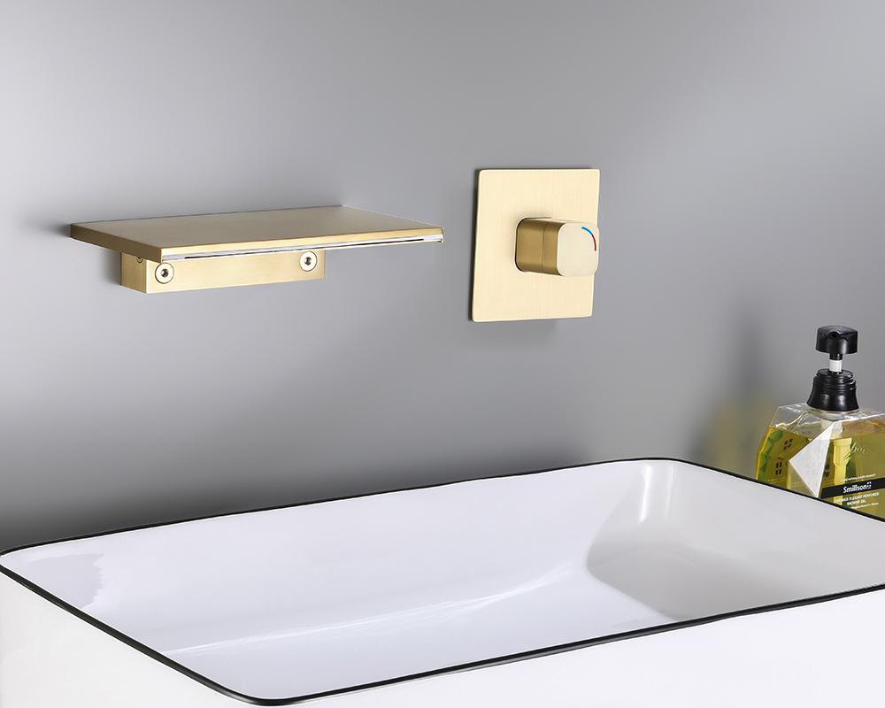HMR Waterfall Wall Mount Bathroom Sink Faucet Single Knob - Brushed Gold
