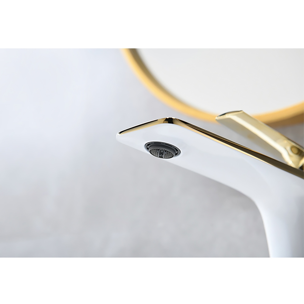 HMR - Single Handle Brass Vessel Bathroom Sink Faucet in White and Gold