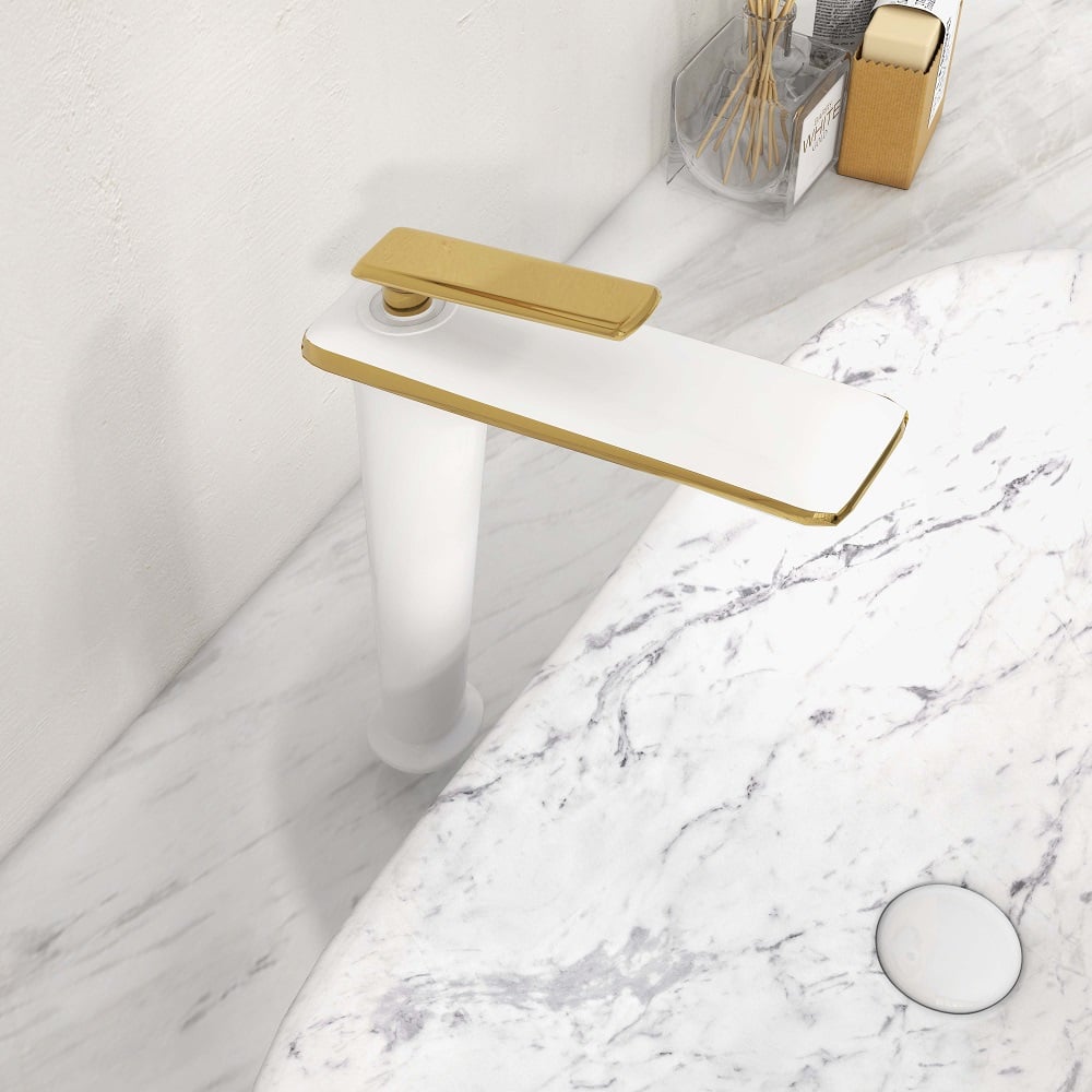 HMR - Single Handle Brass Vessel Bathroom Sink Faucet in White and Gold