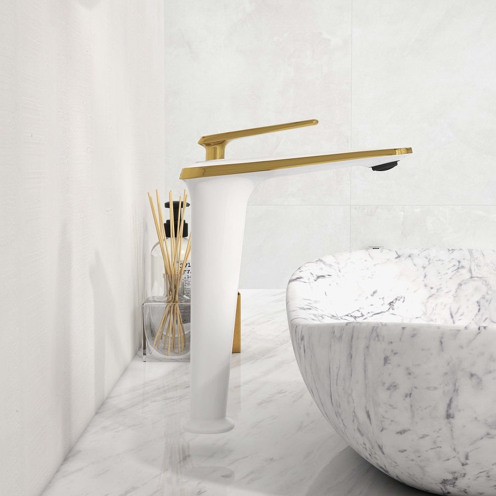 HMR - Single Handle Brass Vessel Bathroom Sink Faucet in White and Gold