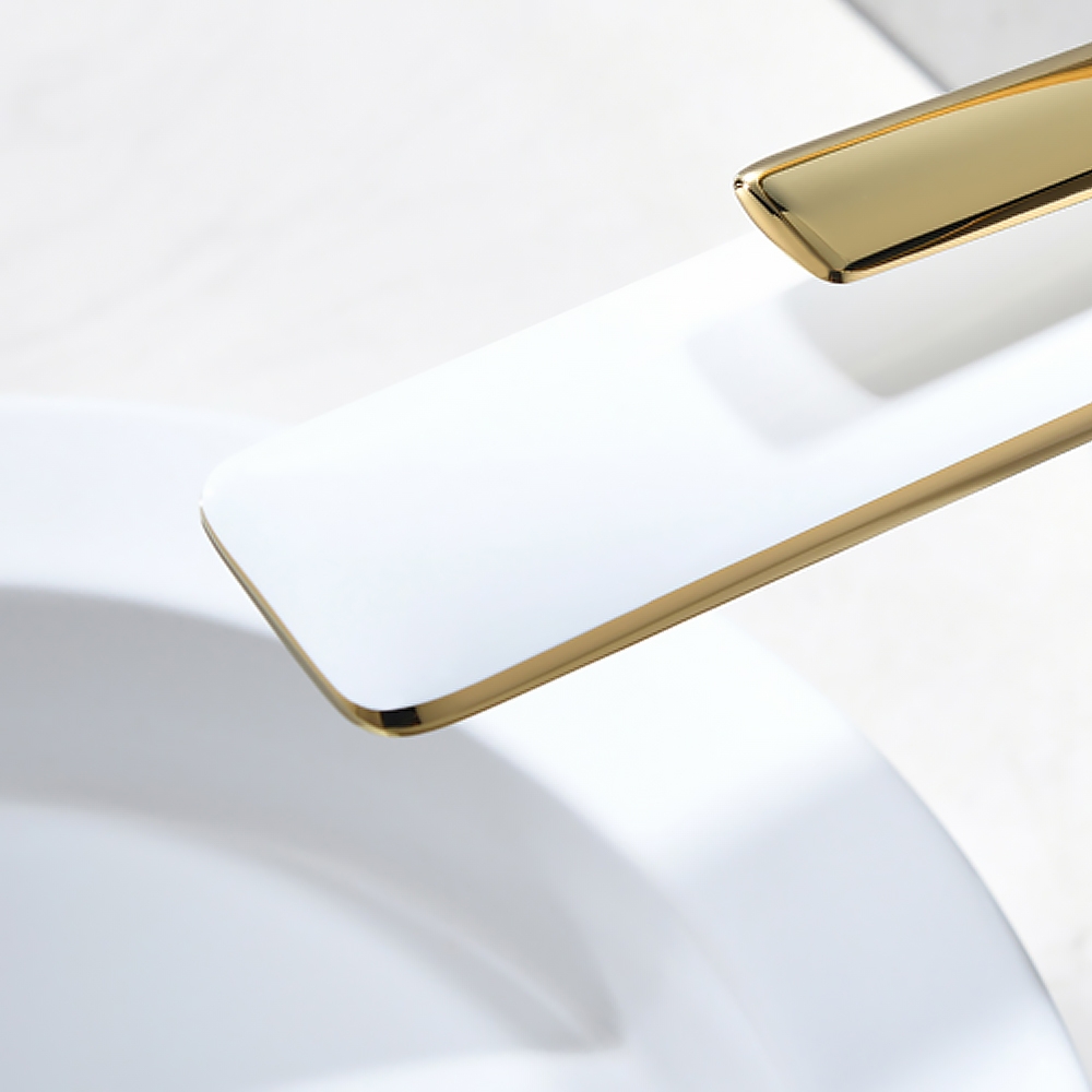 HMR - Single Handle Brass Vessel Bathroom Sink Faucet in White and Gold
