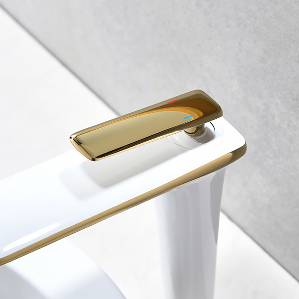 HMR - Single Handle Brass Vessel Bathroom Sink Faucet in White and Gold