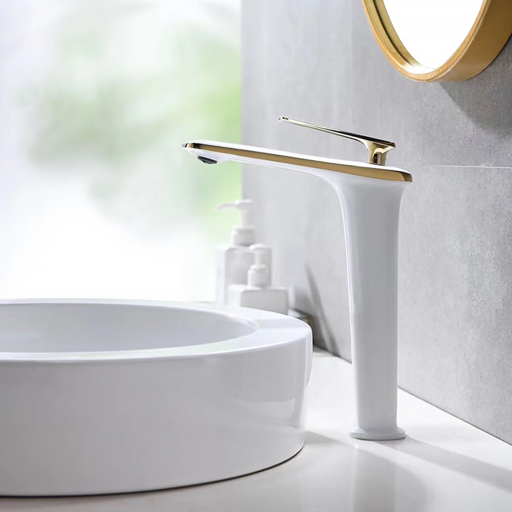 HMR - Single Handle Brass Vessel Bathroom Sink Faucet in White and Gold