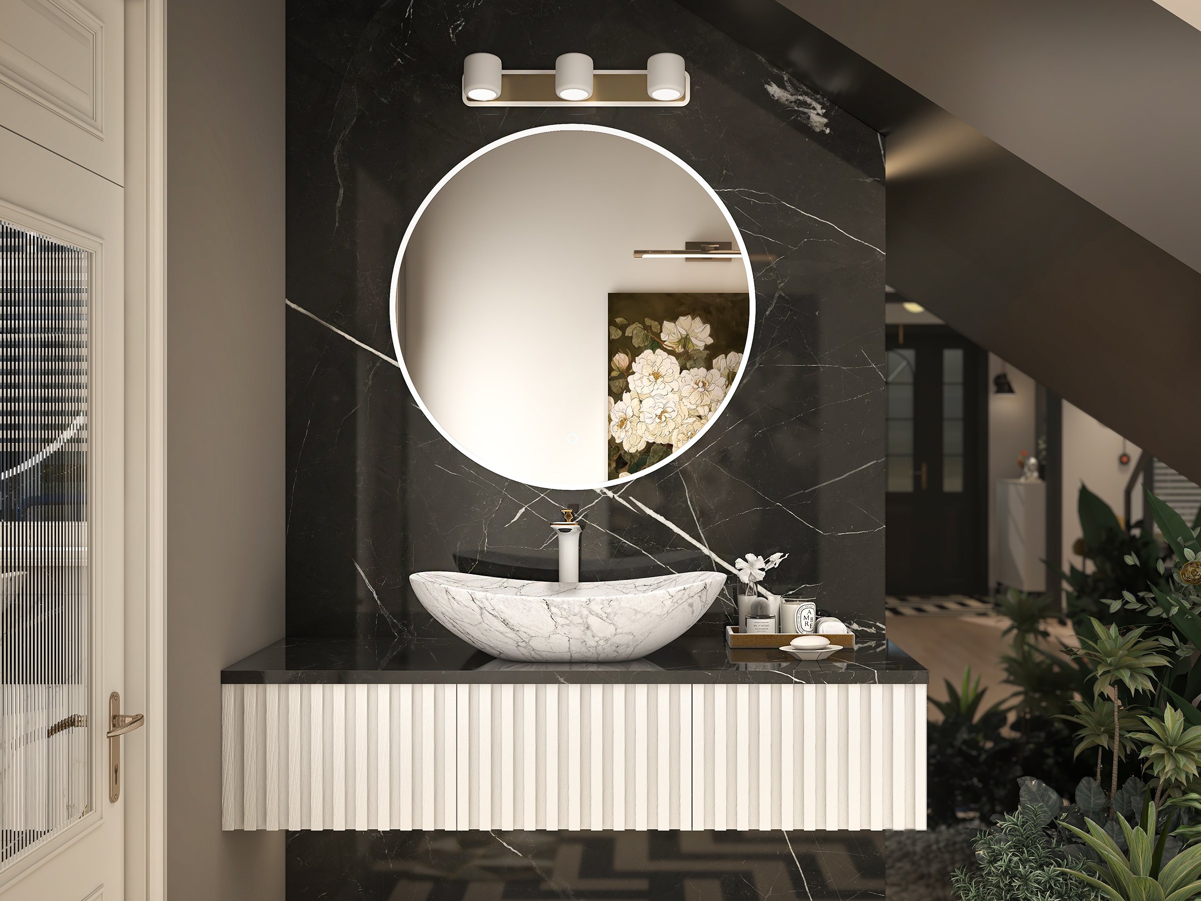 HMR - Single Handle Brass Vessel Bathroom Sink Faucet in White and Gold