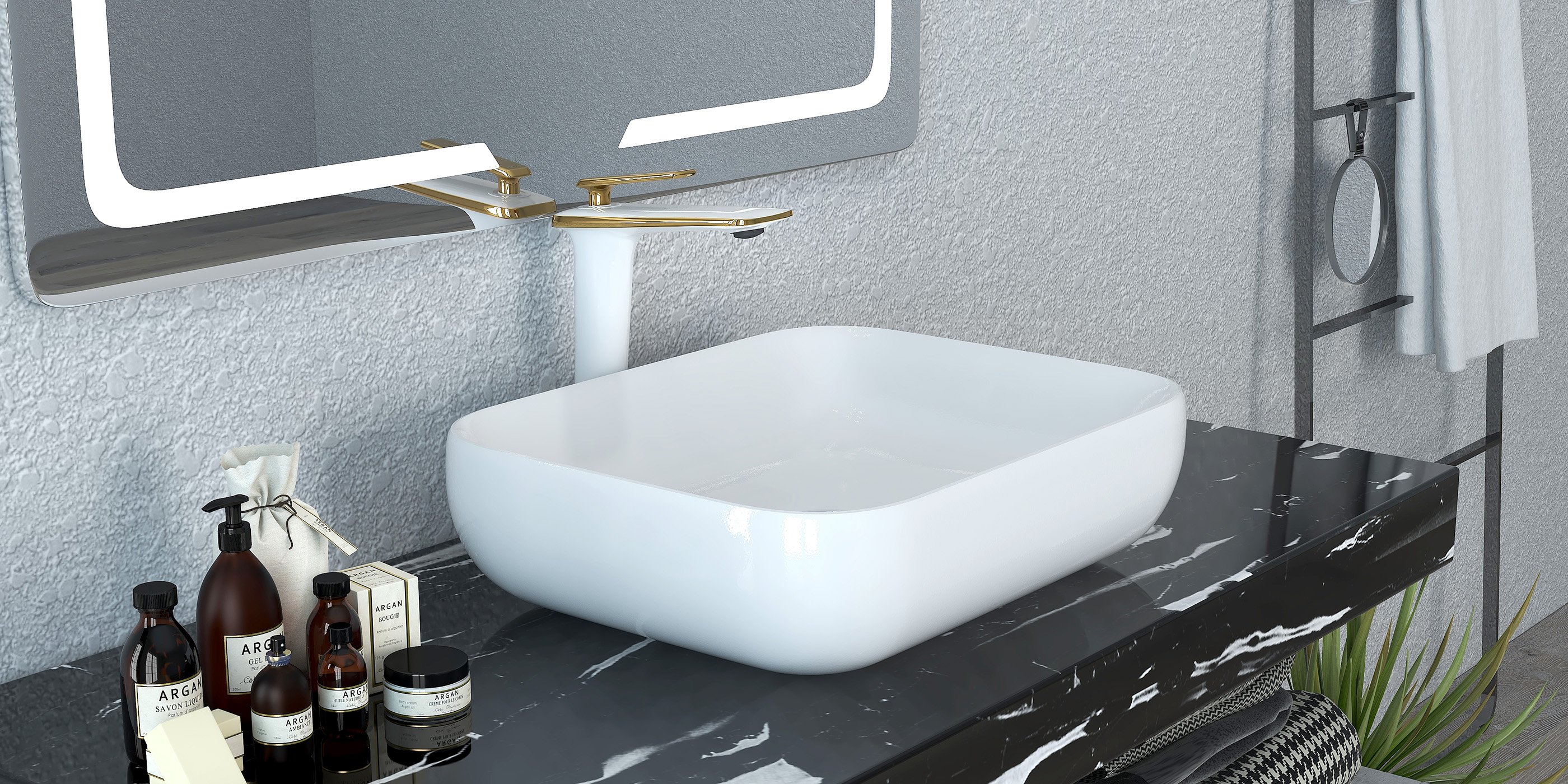 HMR - Single Handle Brass Vessel Bathroom Sink Faucet in White and Gold