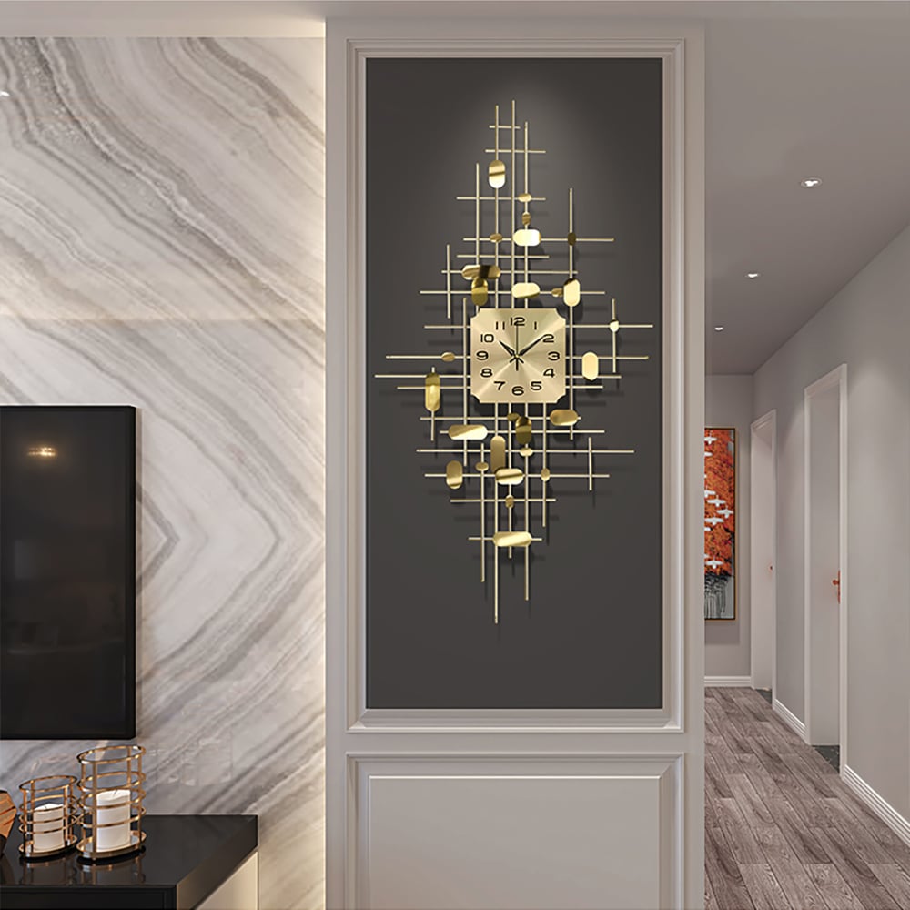 HMR - 3D Gold Metal Oversized Wall Clock in Vertical