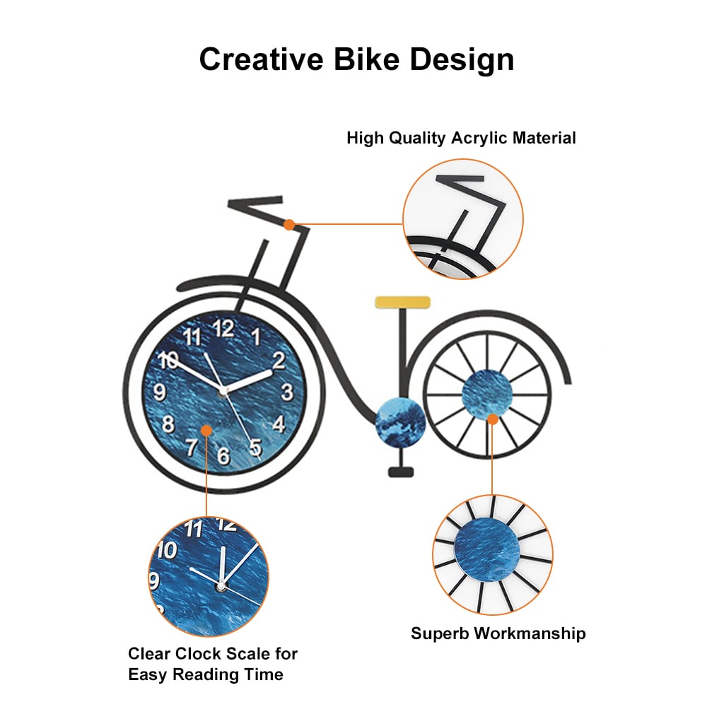 HMR - 3D Acrylic Silent Large Bicycle Wall Clock in Black/Blue