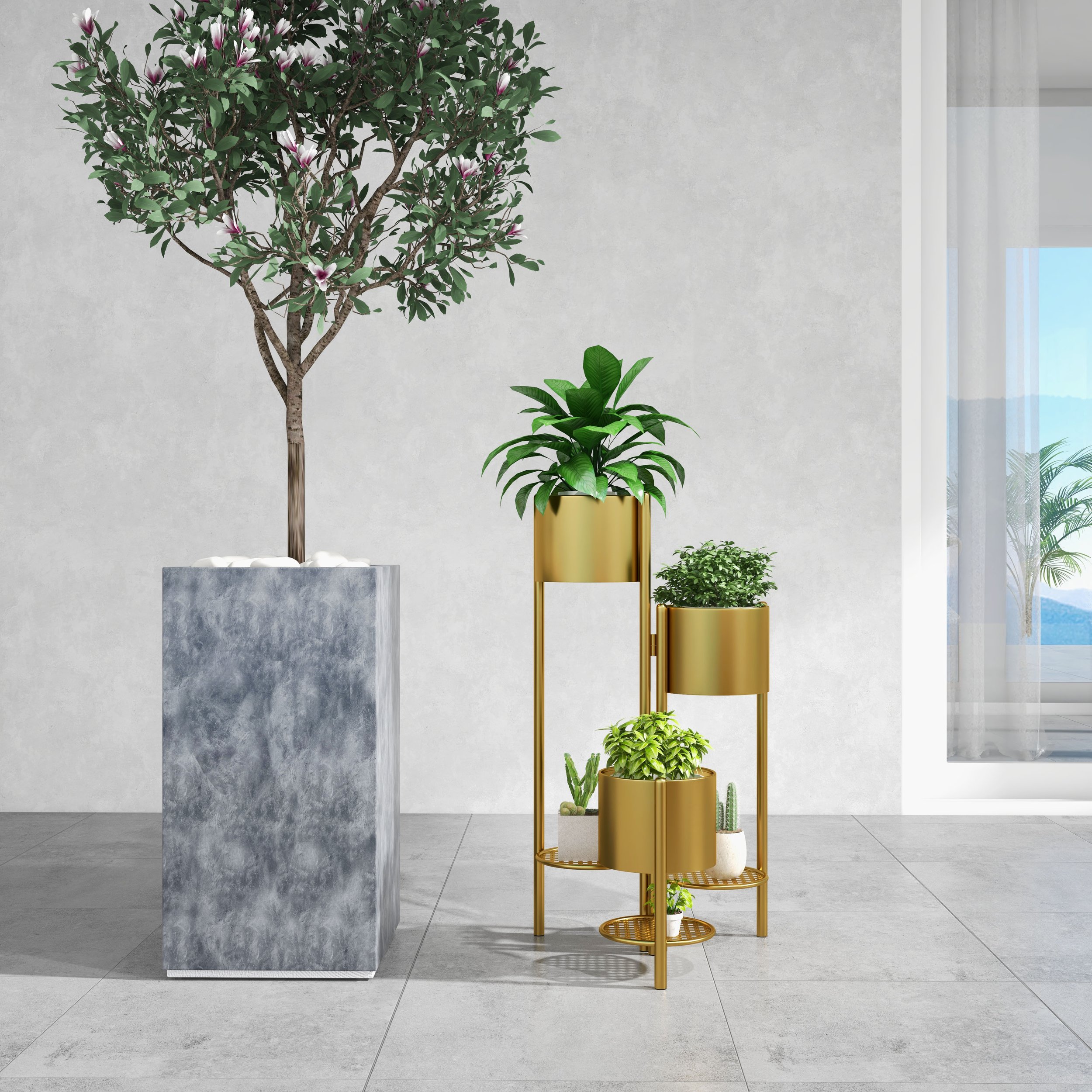 HMR - 31.4" Tall Metal Indoor Modern 3 Tier Corner Planter in Gold