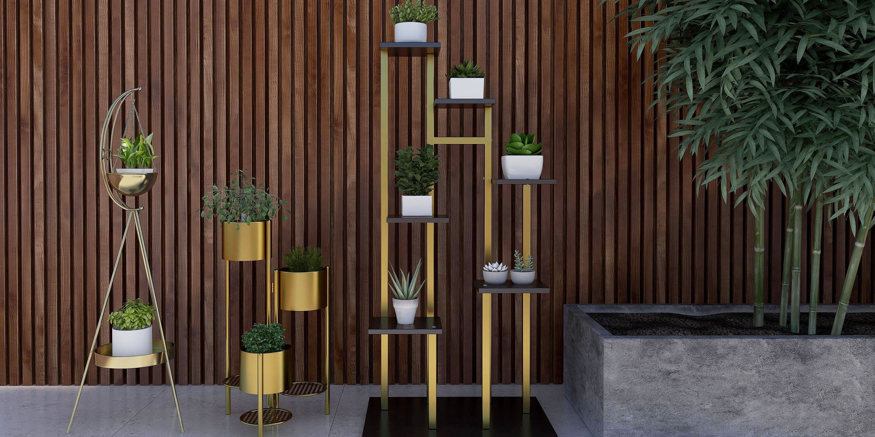 HMR - 31.4" Tall Metal Indoor Modern 3 Tier Corner Planter in Gold
