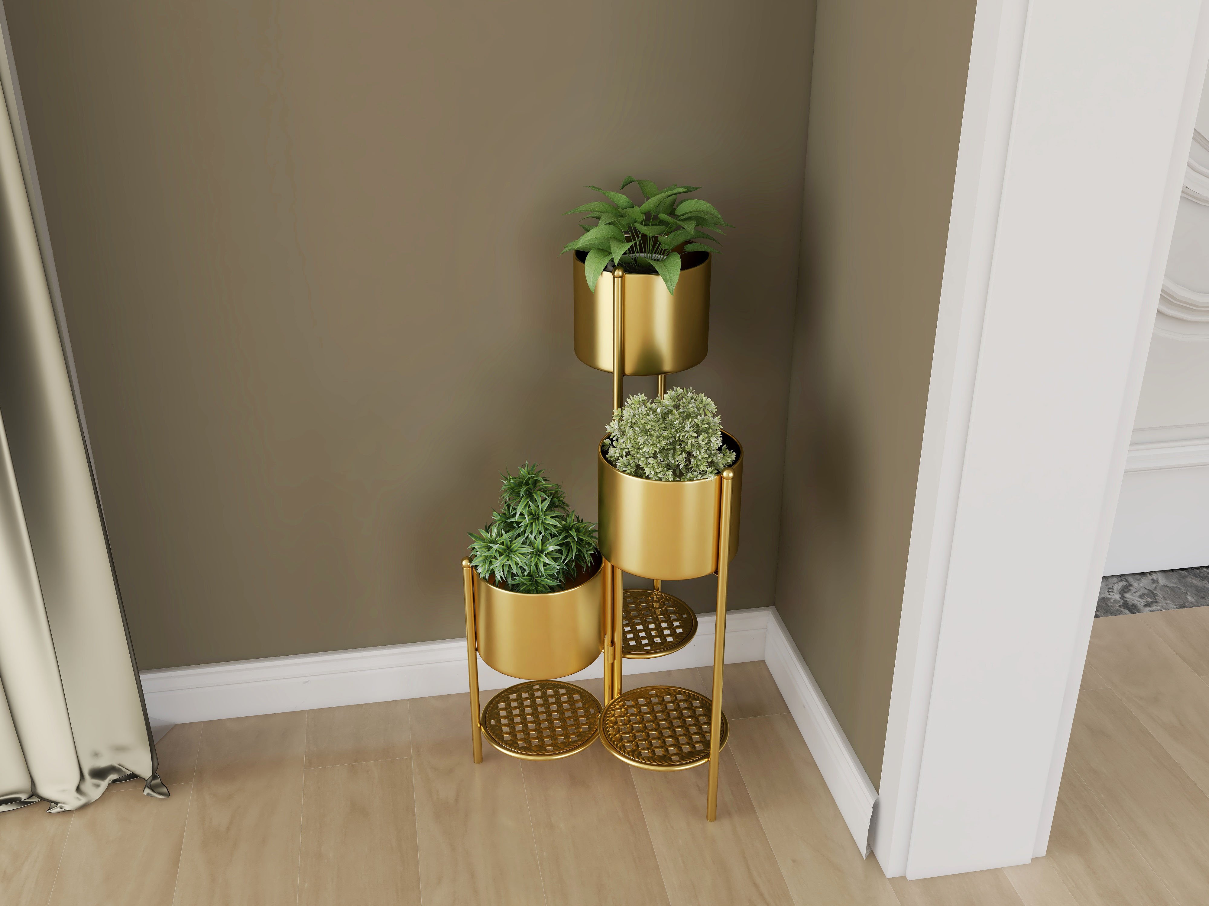 HMR - 31.4" Tall Metal Indoor Modern 3 Tier Corner Planter in Gold