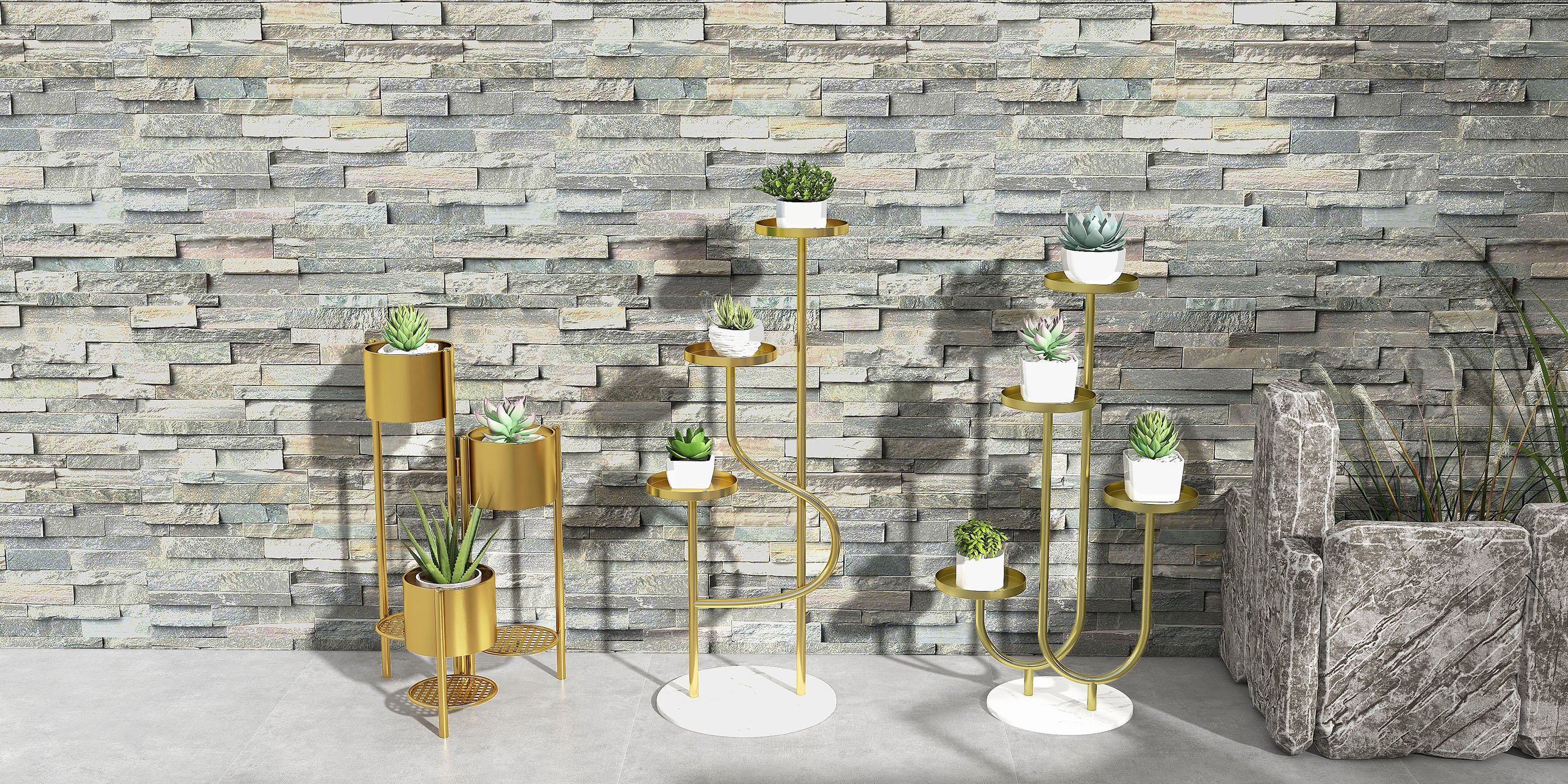 HMR - 31.4" Tall Metal Indoor Modern 3 Tier Corner Planter in Gold