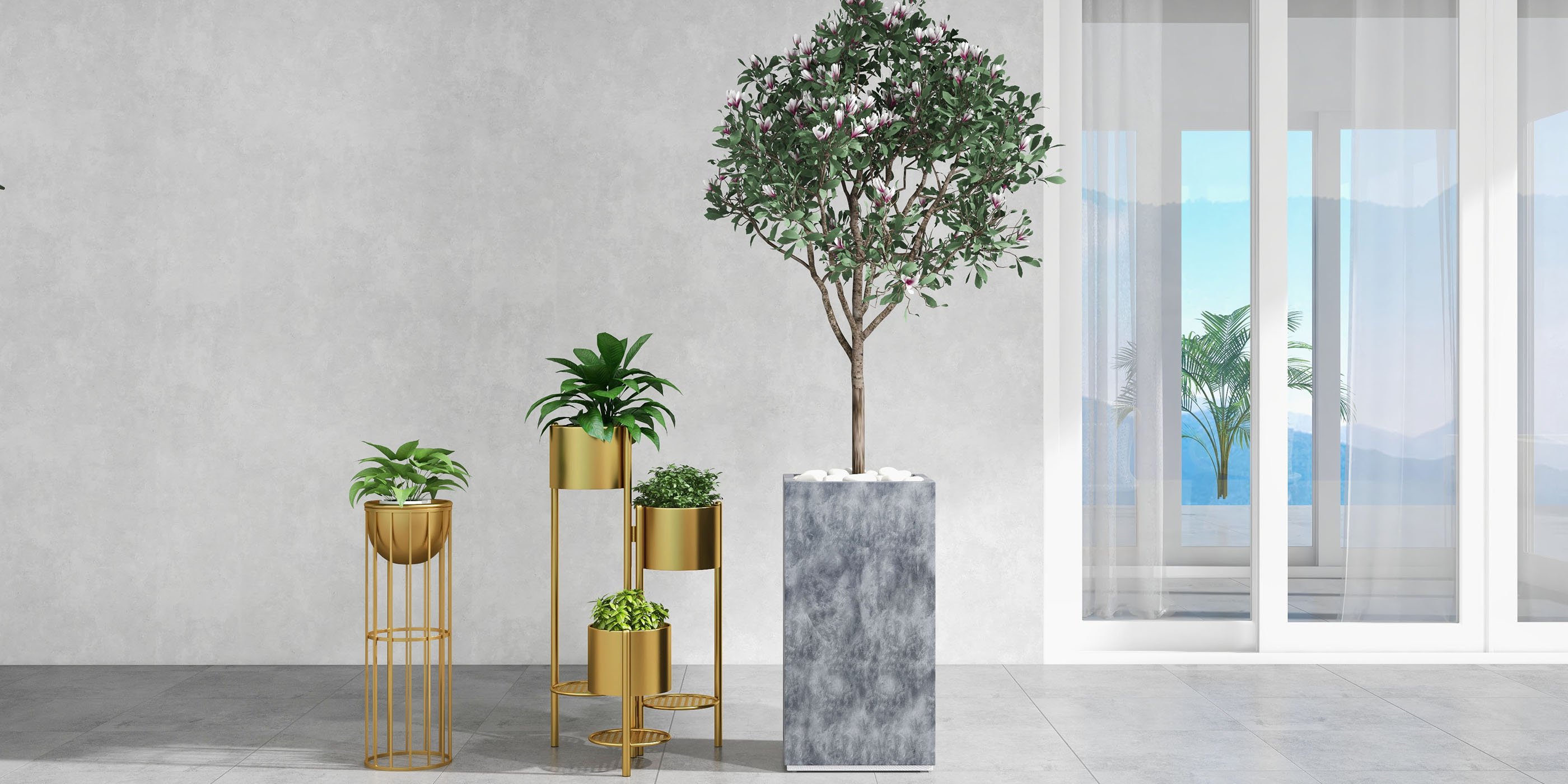 HMR - 31.4" Tall Metal Indoor Modern 3 Tier Corner Planter in Gold