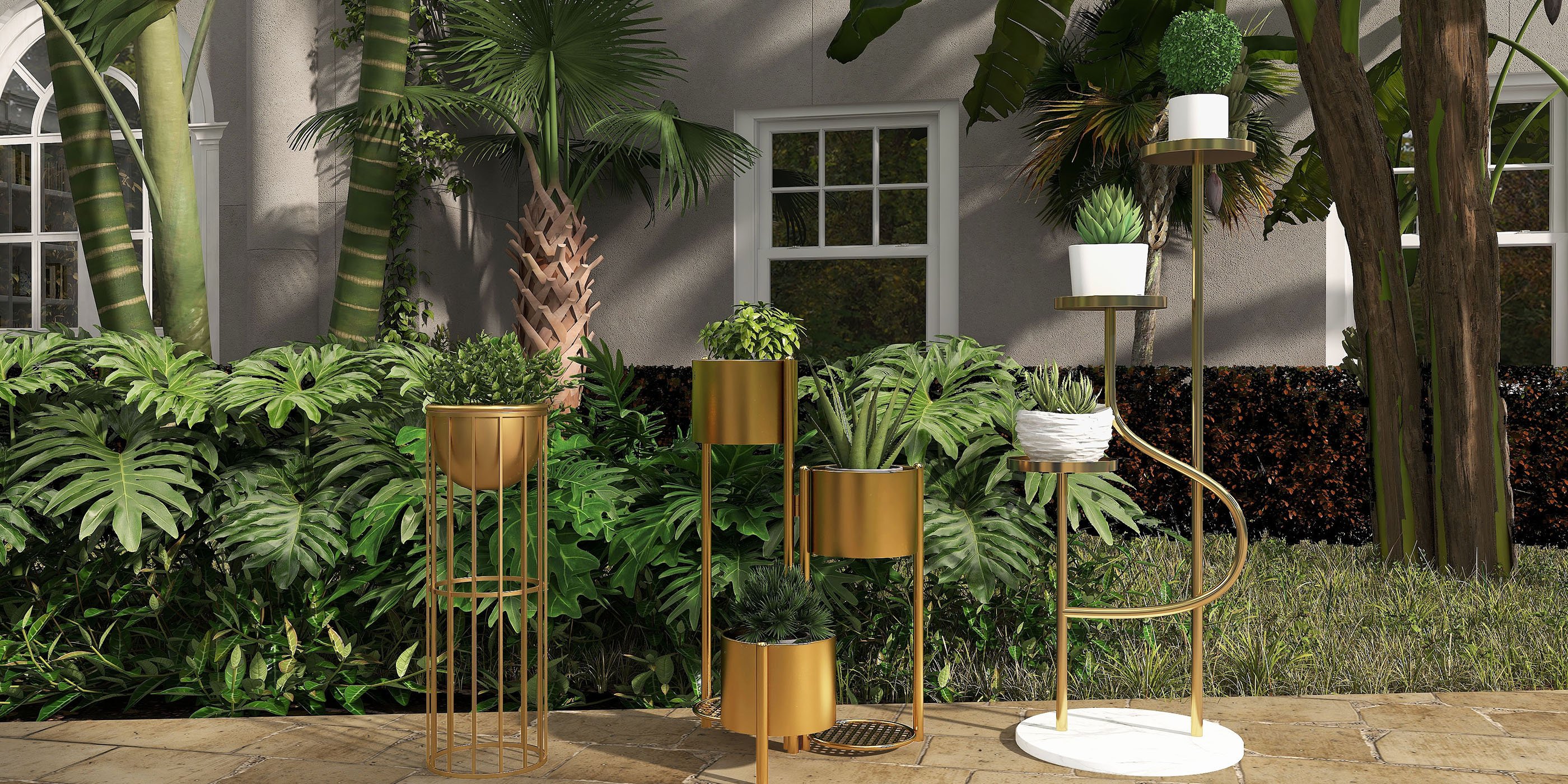 HMR - 31.4" Tall Metal Indoor Modern 3 Tier Corner Planter in Gold