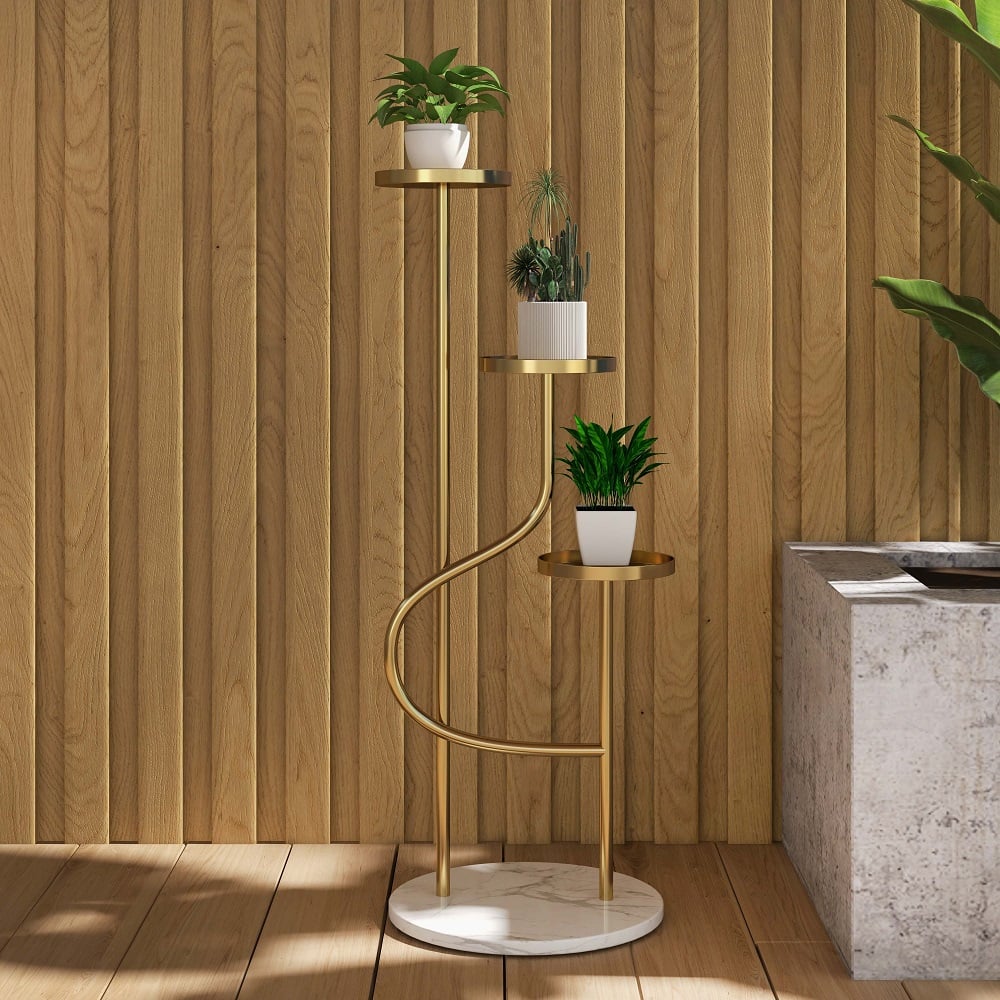 HMR - 42.5" 3-Tier Modern Tall Metal Plant Stand in Gold