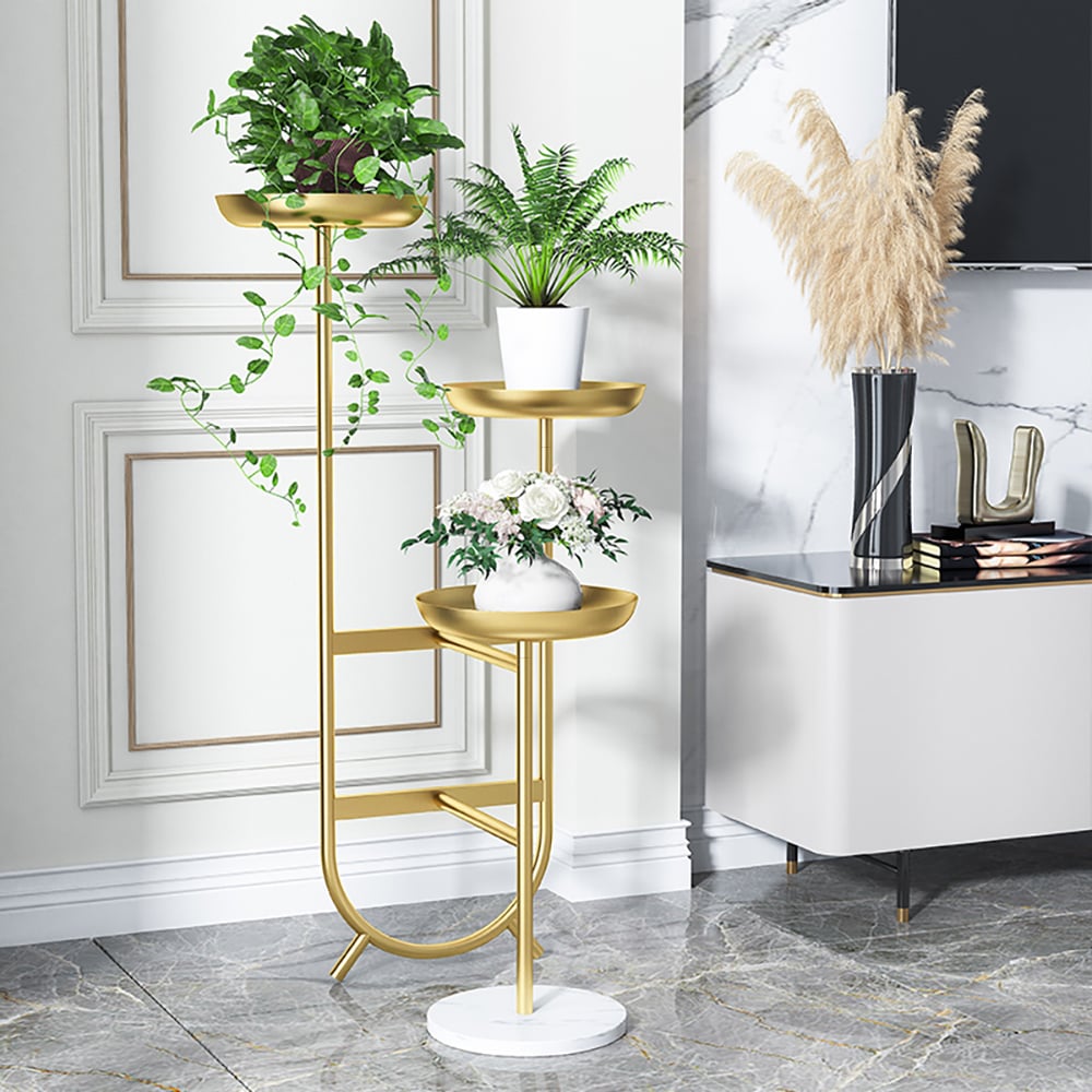 HMR Chic Unique Shaped Metal Standing Plant Stand - Gold